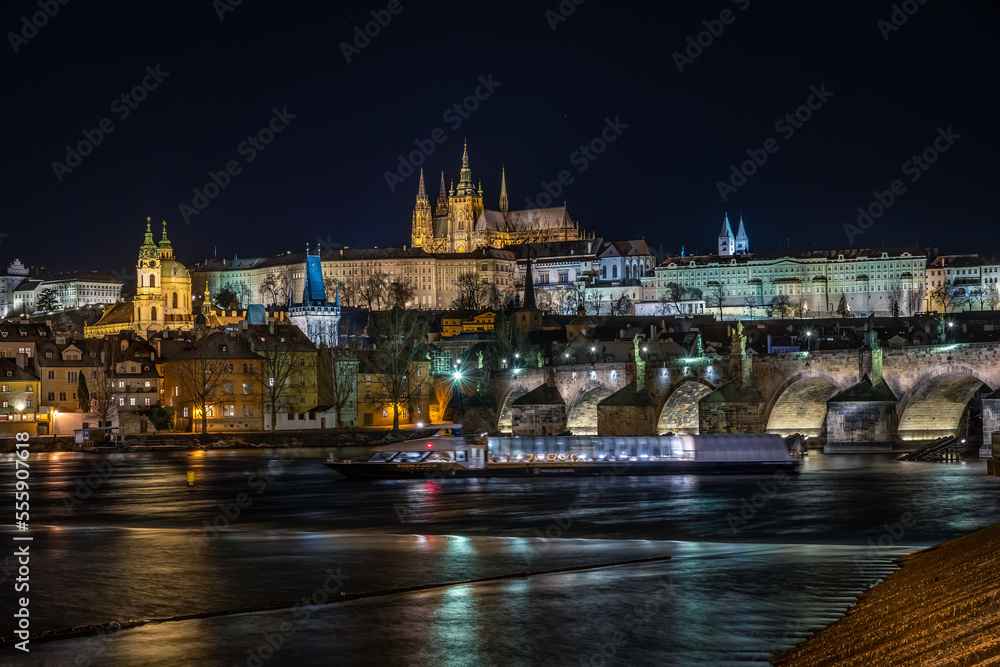 Charles bridge and Vltava river with castle view in Prague