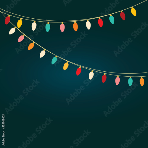 Christmas light bulb garland with multicolored rainbow lights on dark navy background. New Year card banner template for social media. Retro style