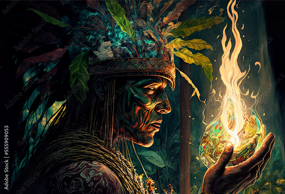 Illustration fantasy shaman leading a holy ayahuasca ceremony