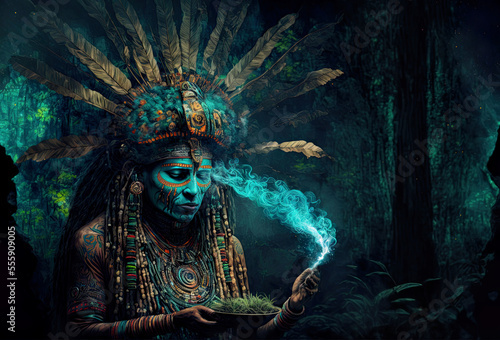 Illustration, fantasy shaman leading a holy ayahuasca ceremony, illustrated ayahuasca trip with mature male shaman, beautiful, shamanic, spirituality, beliefs, shaman, illustration, generative ai photo