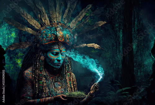 Illustration, fantasy shaman leading a holy ayahuasca ceremony, illustrated ayahuasca trip with mature male shaman, beautiful, shamanic, spirituality, beliefs, shaman, illustration, generative ai