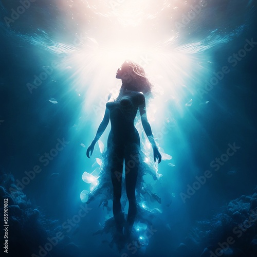 Goddess of ocean coming from underwater digital art