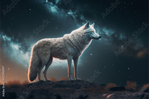 Fairytale background of a white wolf standing on starry night with full moon background