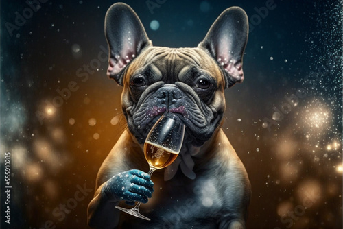 French Bulldog with champagne on New Year's Eve party, sparkling lights in the background