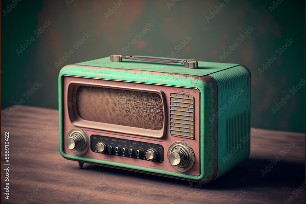 Fototapeta premium Vintage radio on a painted wall background.