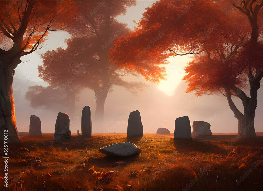 Painting of the sun rising over an ancient stone circle during the ...