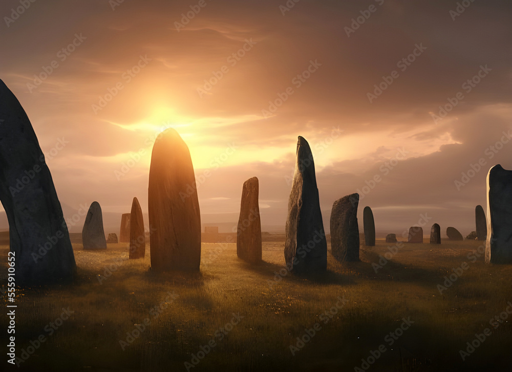 Painting of the sun rising over an ancient stone circle during the summer solstice with the sun casting shadows on the ground, generative ai illustration.