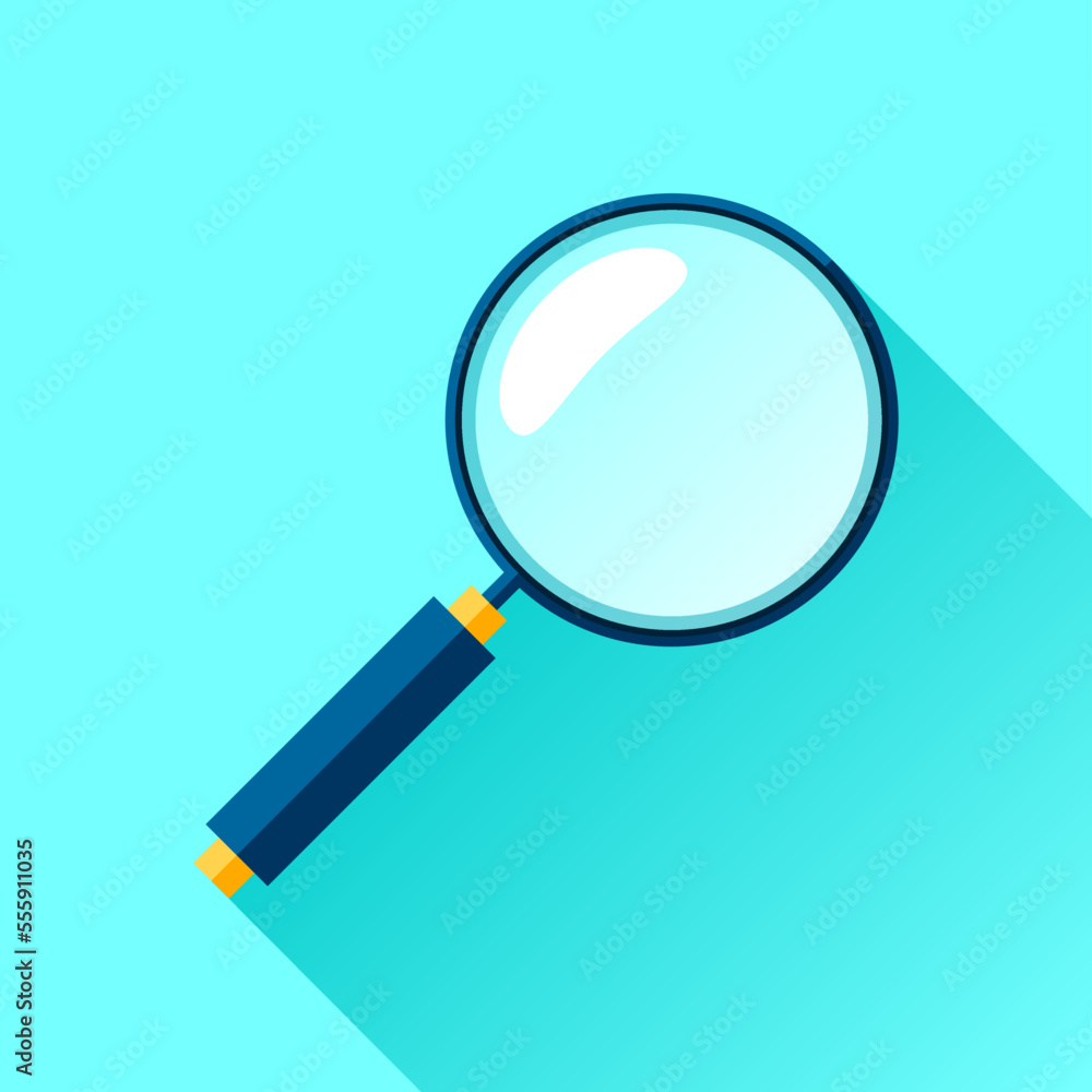 Search loupe icon in flat style, magnifying glass on color background. Zoom tool. Magnifier. Vector design object for you project Search loupe icon in flat style, magnifying glass on color background. Zoom tool. Magnifier. Vector design object for you project