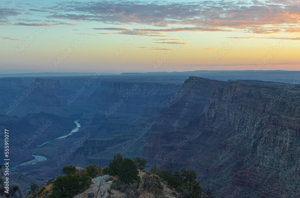 Temple Butte, Chuar Butte and Colorado river at sunrise from Desert View Point on the South Rim of the Grand Canyon within Grand Canyon National Park (Arizona, United States) Temple Butte, Chuar Butte and Colorado river at sunrise from Desert View Point on the South Rim of the Grand Canyon within Grand Canyon National Park (Arizona, United States)