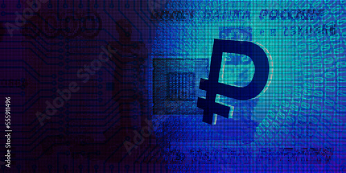 Vector glowing 3d digital ruble symbol with digits on the background of a pixelated 5000 russian rubles banknote. Financial and economic poster.