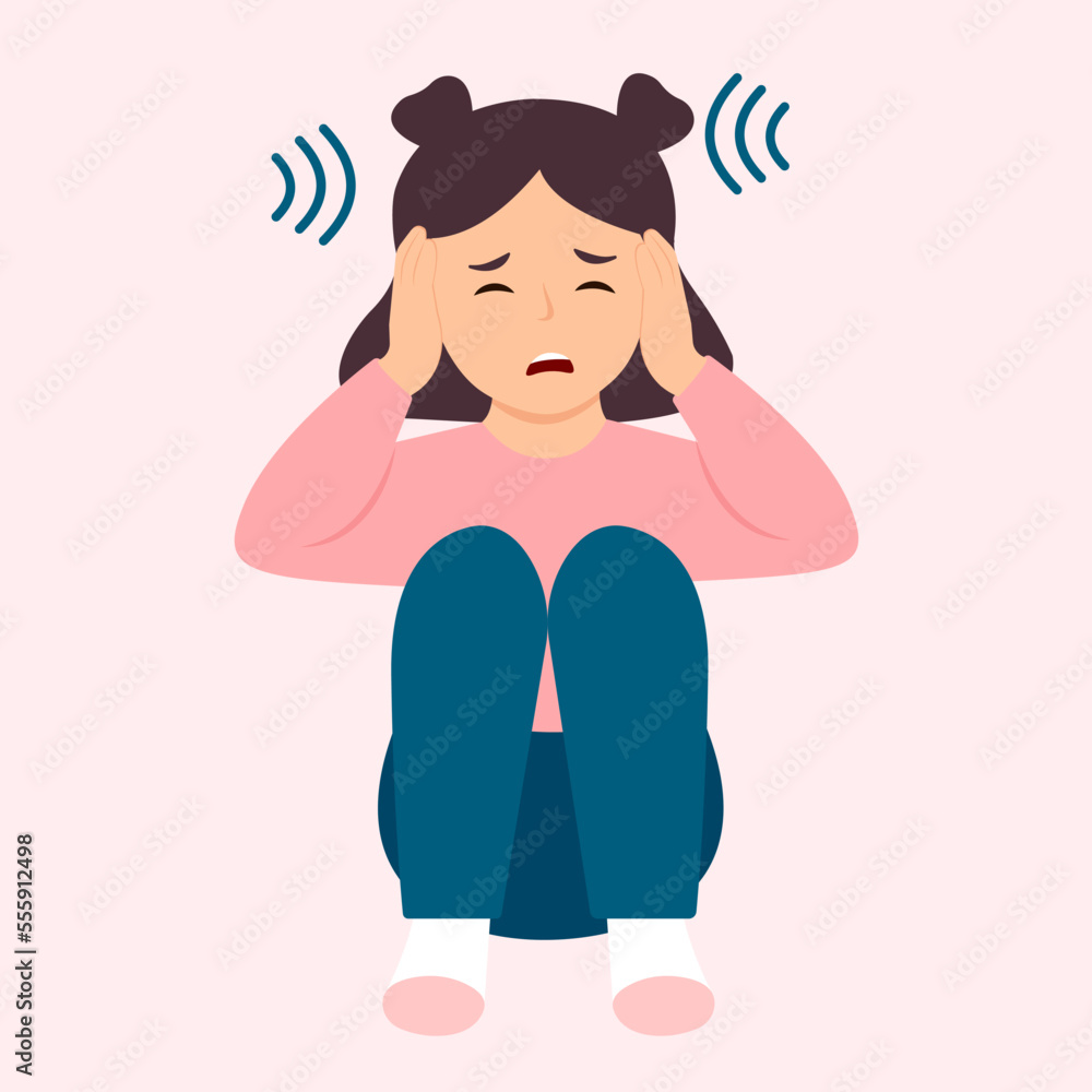 Autism. Girl closing and plugging ears with hands.Kid sensitive to loud