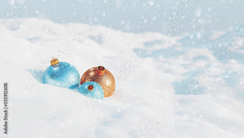 Christmas colorful baubles decorated glitters on snow landscape. 3D render