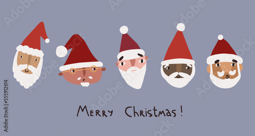 Santa Claus portrait set of different nationalities and colors skin. Cute Christmas and New year collection. Christmas cartoon character. Winter men with beard mustache and red cap.