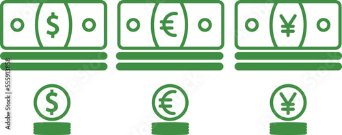 Vector illustration of money currency dollar, euro, symbol yuan coin banknotes