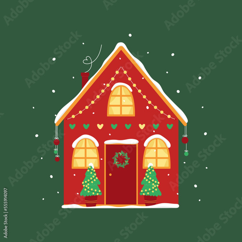 Christmas house decorated with a garland, a wreath and balls with Christmas trees under a snowfall on a green background. New year, xmas celebration. Vector flat illustration for greeting card, poster