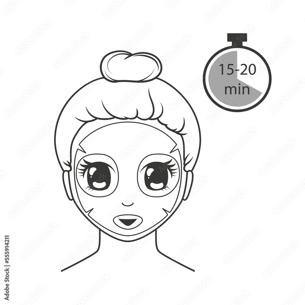 Kawaii smiling girl uses a cosmetic sheet mask for her face. Black and white Illustration on transparent background Kawaii smiling girl uses a cosmetic sheet mask for her face. Black and white Illustration on transparent background