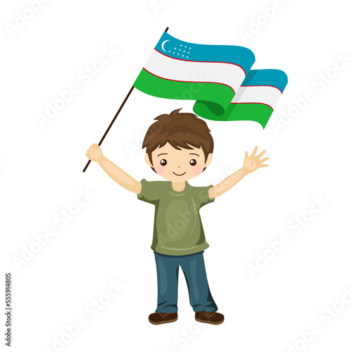 Boy with the flag of Uzbekistan, a beautiful little child holds the flag of Uzbekistan in his hand in flat style. vector illustration
