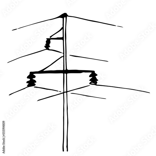 Simple hand drawn black outline vector illustration. Electric pole with wires on a white background. Energy transfer. Ink sketch.