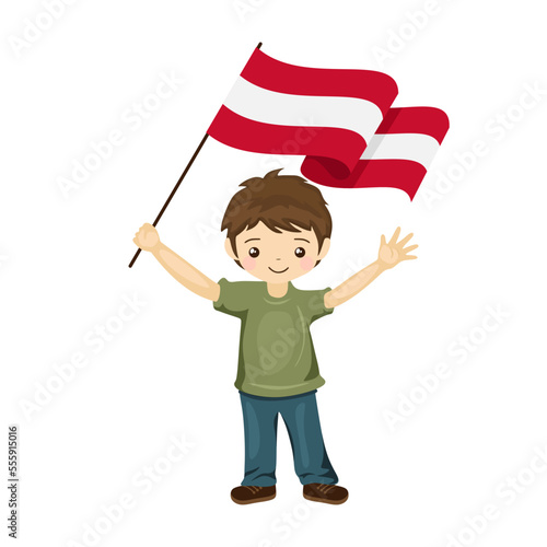 Boy with the flag of Austria, a beautiful little child holds the flag of Austria in his hand in flat style. vector illustration