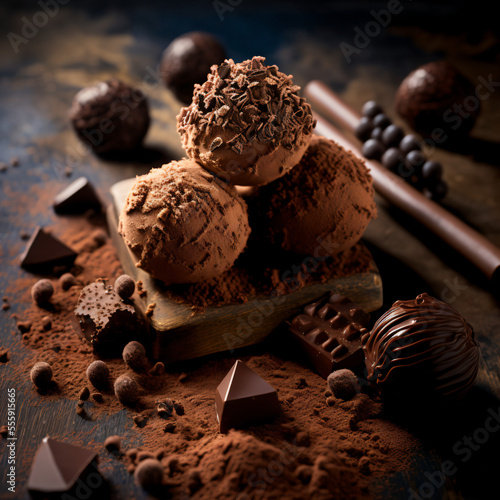 Chocolate truffles, chocolades, cocoa powder on a table. Generative AI