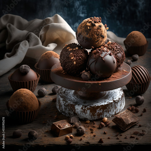 Chocolate truffles, chocolades, cocoa powder on a table. Generative AI