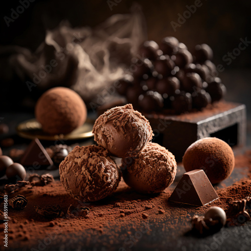 Chocolate truffles, chocolades, cocoa powder on a table. Generative AI