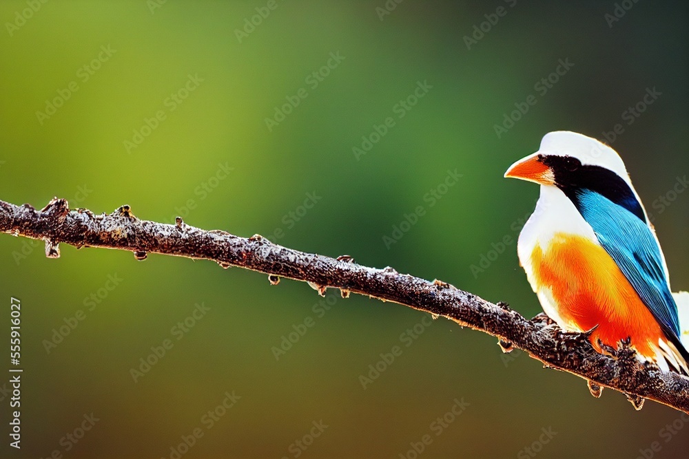close up of a colourful bird sitting on a branchwith green background, generative ai close up of a colourful bird sitting on a branchwith green background, generative ai