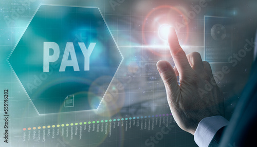 Quadro su tela A businessman controlling a futuristic display with a Pay business concept on it