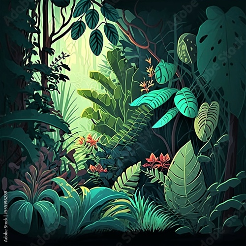 Jungle thickets, green leaves of jungle plants, cartoon style foliage background, AI Generated illustration.