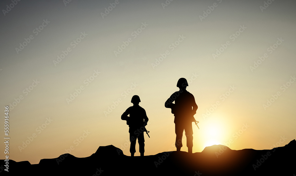 Silhouette Of A Solider Saluting Against the Sunrise. Concept - protection, patriotism.