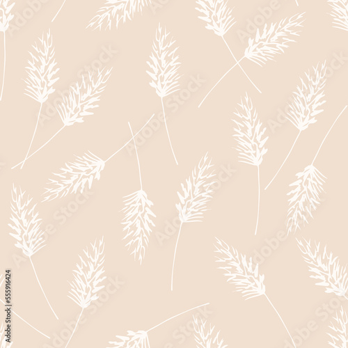 Hand drawn delicate calm floral vector seamless pattern in pastel colors. Light inflorescences of panicles of pampas grass on a light pink background. For printed fabrics, textiles, boho decor.