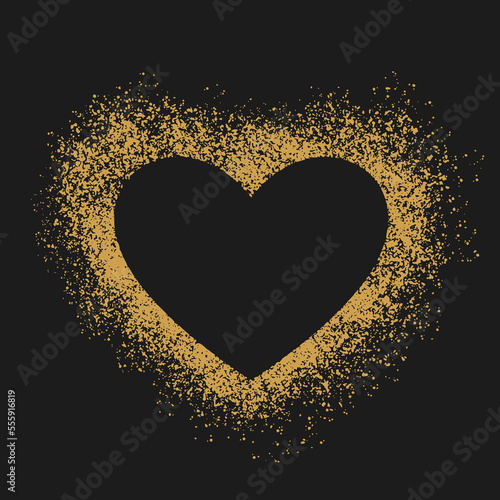 Gold heart on black background.  Heart frame for text. Hand drawn spray paint heart. Grunge vector hearts. Valentine background. 