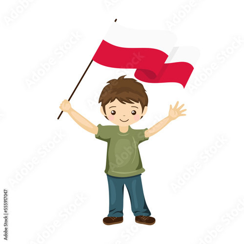Boy with the flag of Poland, a beautiful little child holds the flag of Poland in his hand in flat style. vector illustration