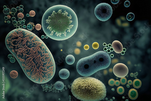 Microscopic bacteria. Science illustration. 3D render of infectious virus. Microbiology. Cells and dna. Very small molecules. Human health research. Abstract macro of medical. Microbe molecules.