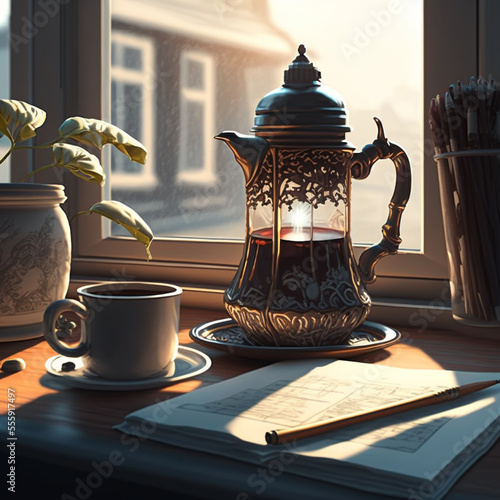 Vintage coffee pot and cup of coffee on the windowsill, AI Generated illustration.
