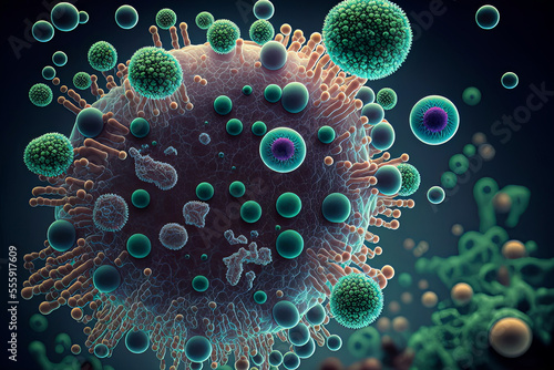 Microscopic bacteria. Science illustration. 3D render of infectious virus. Microbiology. Cells and dna. Very small molecules. Human health research. Abstract macro of medical. Microbe molecules.