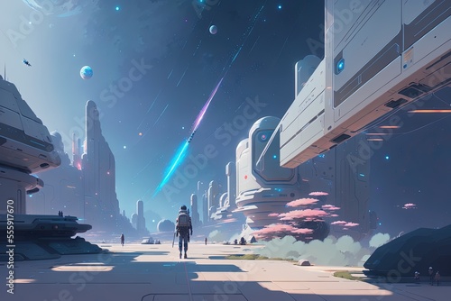 a man standing in front of a futuristic city, concept art