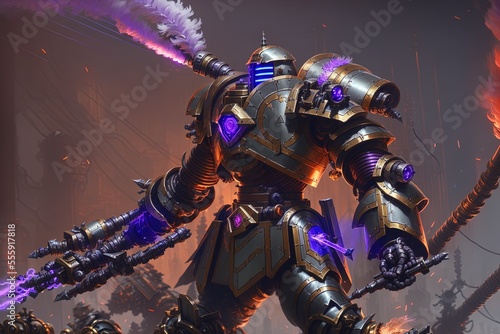 dieselpunk cyber knight with flowing flaming plume with machine gun arms, rigid bulky armor photo