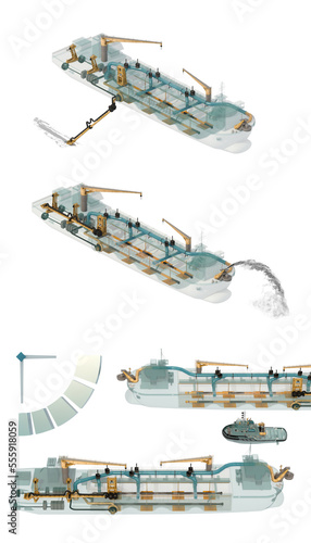 Fotografija A set of images of a dredger in the process of soil sampling, rainbowing, as well as an illustration of the lease of these vessels