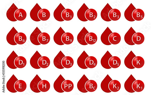 A set of red icons of a multivitamin complex. Multivitamin supplement. Vitamin A, group B 1, B2, B6, B12, C, D, D3, E, K, P, PP. The concept infographics of vitamin for a healthy lifestyle