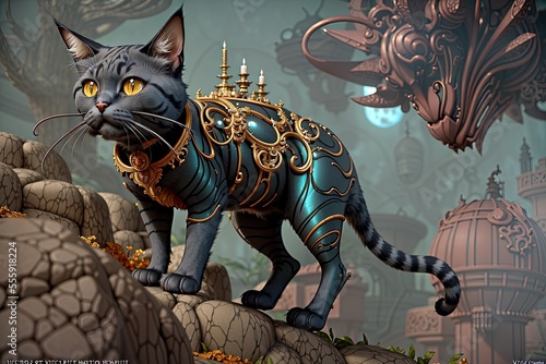 a cat that is standing on a rock, fantasy art, vivid steampunk concept © Faisal