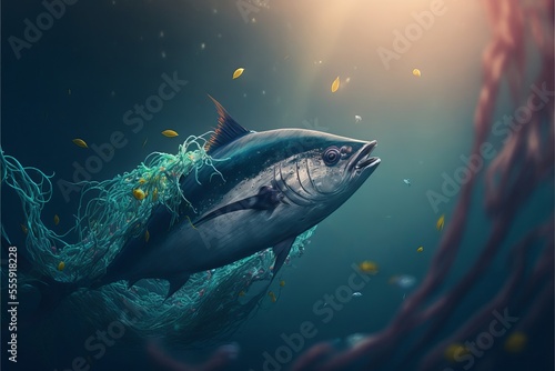 Tuna tangled in waste. Generative AI © Pixelkingdom