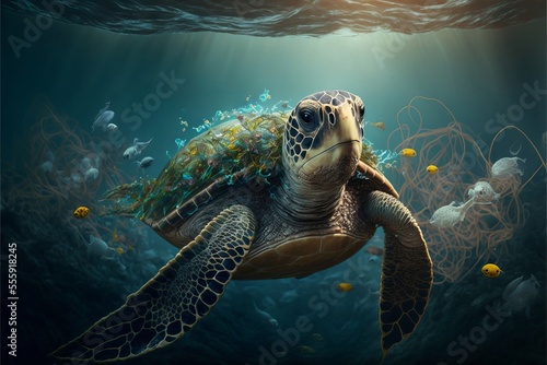 Turtle tangled in waste  Generative AI