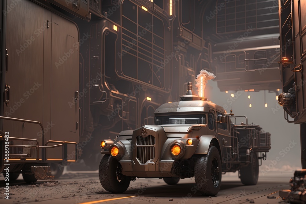 a military vehicle driving down a street next to a building, in style of dieselpunk