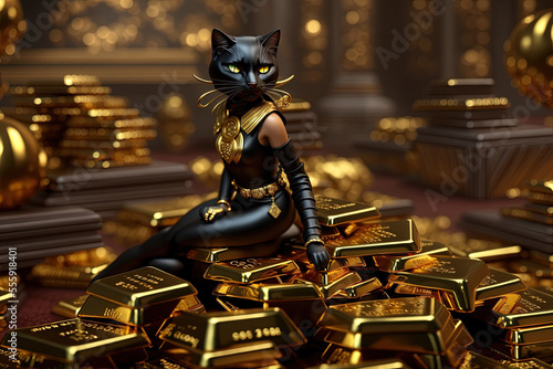 a black cat sitting on top of a pile of gold bars, digital art, conceptual art, 3d render of catwoman
 photo