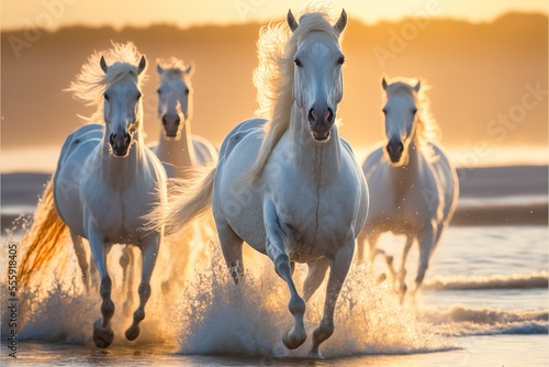 stunning camargue horses are rushing along the beach early in the morning as the sun rises behind them.   emotional photo horses  horse in sunset  front view  Generative AI