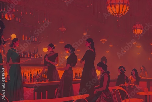 a painting of woman in sari drinking and sitting at tables in a bar
