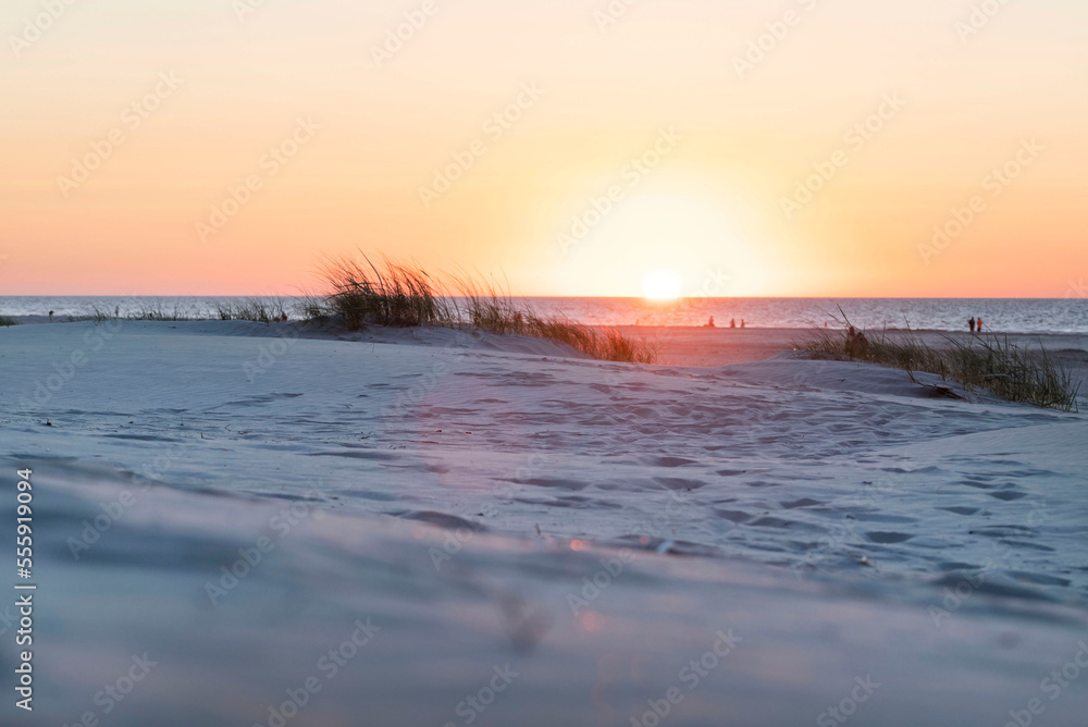Ameland-The Netherlands-13-08-2022: Beautiful sunset at the dunes and beach.