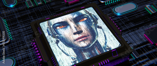 Ein Chat Bot. Cyborg Gesicht auf einem Computerchip -  chatGPT - Technologie der Zukunft - Ki Technologie, intelligenter Roboter Ai Chat GPT Anwendungssoftware photo