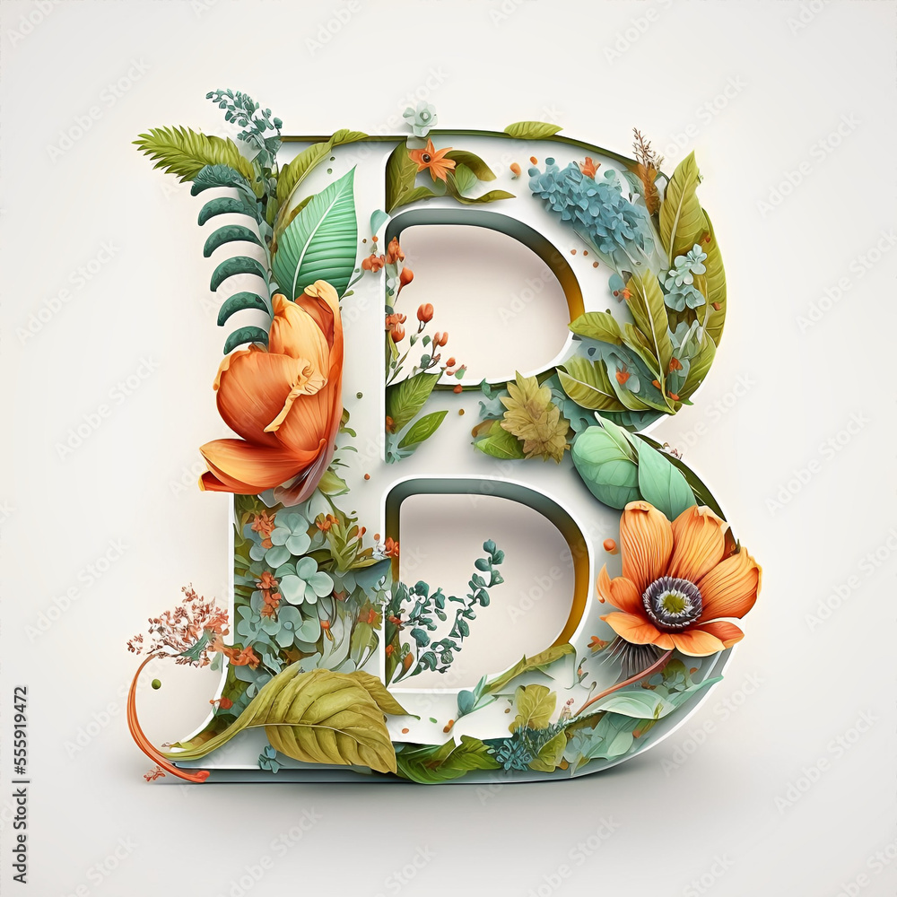 Floral letter B with flowers and plants. Floral typographic alphabet
